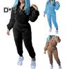 2 шт./комплект женский топ брюки костюм однотонный длинный рукав воротник стойка топ эластичный пояс толстые плюшевые брюки спортивный фитнес костюм пижама осень зима