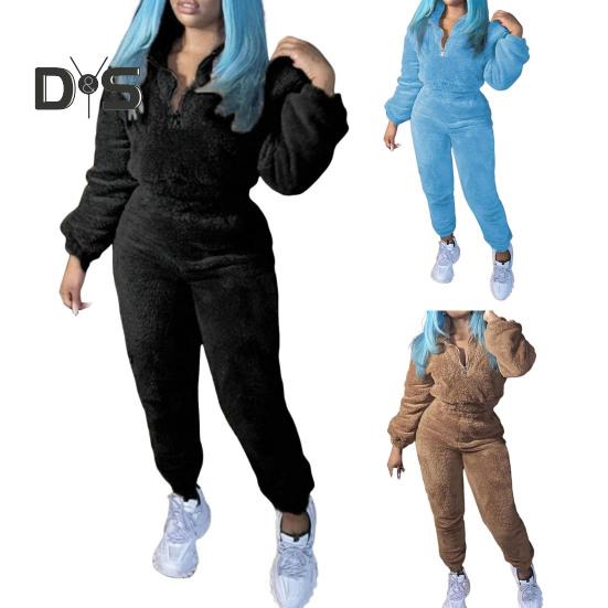 2 шт./комплект женский топ брюки костюм однотонный длинный рукав воротник стойка топ эластичный пояс толстые плюшевые брюки спортивный фитнес костюм пижама осень зима