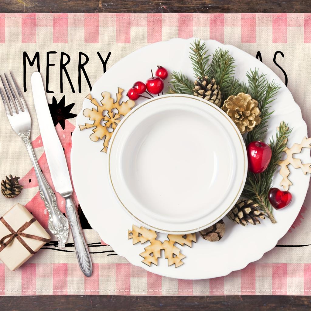 Christmas Placemats Set of 4, Machine Washable Linen Table Mats, Woven Rectangular Holiday Dining Decor, Festive Pink Checkered Christmas Tree Design