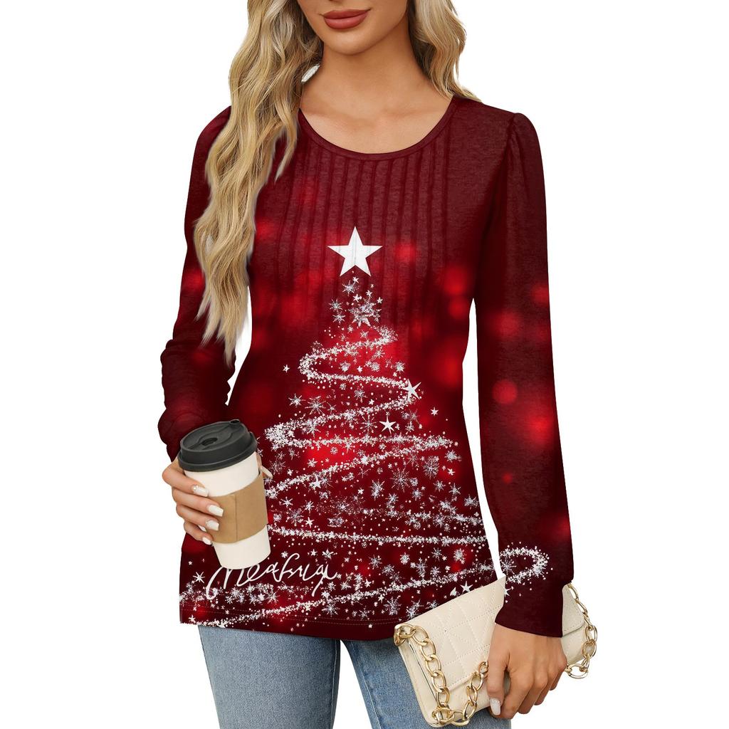 Рубашки с длинным рукавом для женщин Милые принты Графические футболки Блузки Нарядные повседневные блузки Плиссированные туники с круглым вырезом Топы Рождество