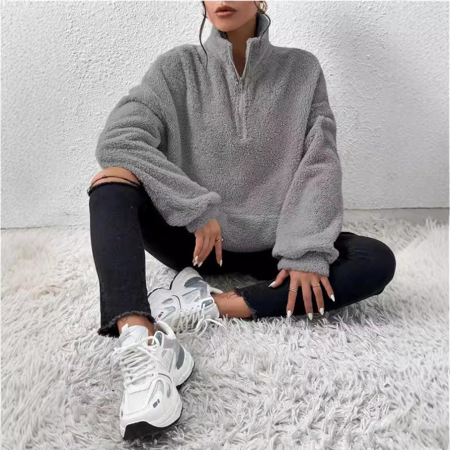 Autumn Winter New European and American Style Furry Fleece-Lined Women's Stand Collar Sweatshirt Casual