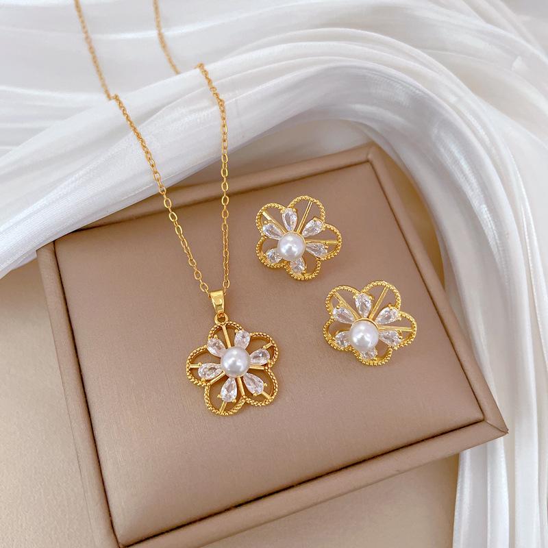 Copper Set Zircon Gold Plated Stainless Steel Chain Flower Butterfly Earrings Necklace Women's Jewelry