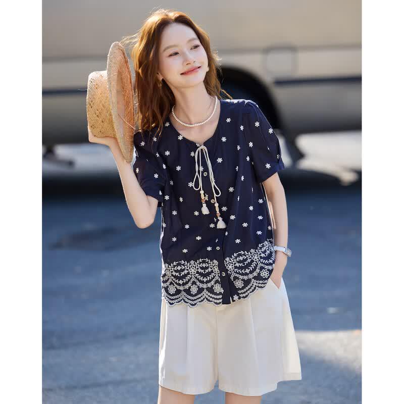Свободная хлопковая рубашка с этнической вышивкой Шаньцзинь