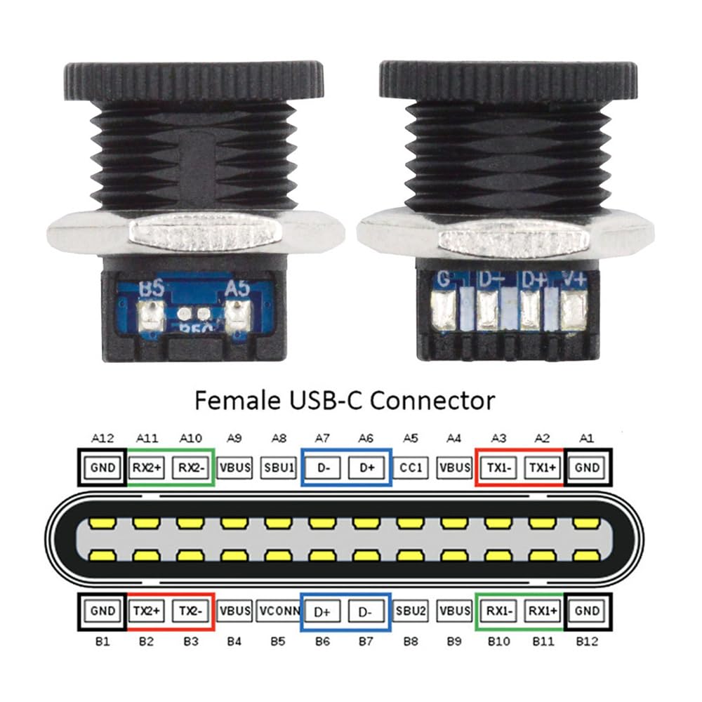 Cablecc Набор DC Power DIY OEM Разъем Type C гнездо PCBA Распайка PD IP67 Монтаж гайкой 5 штук 5В/20В - 6-контактный (Квадратный тип)