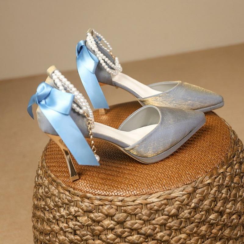 Модные женские босоножки, летние, новые, с острыми матовыми лентами, украшенными бисером каблуками, модные, темпераментные, узкие каблуки, свадебные, вечерние, одинарные туфли