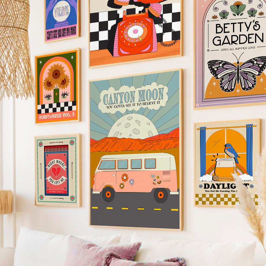 Sun Rainbow Butterfly Car Flower Bird Abstract Poster Print Wall Art Canvas Painting for Living Room Bedroom Modern Home Decor