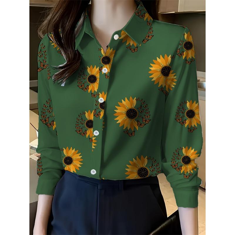 Ladies Lapel Long Sleeve Shirt Ladies Elegant Design Loose Fit Floral Pattern Printed Shirt Daily Casual Office Tops