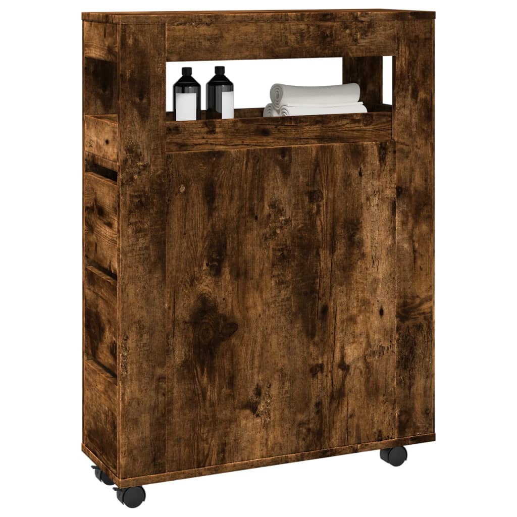 Narrow Bathroom Cabinet with Casters Smoked Oak Wood Based Panel