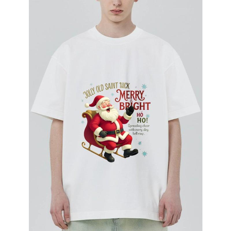 Рождественская футболка черная с принтом Санта-Клауса на санях и текстом Merry Bright для праздничного сезона