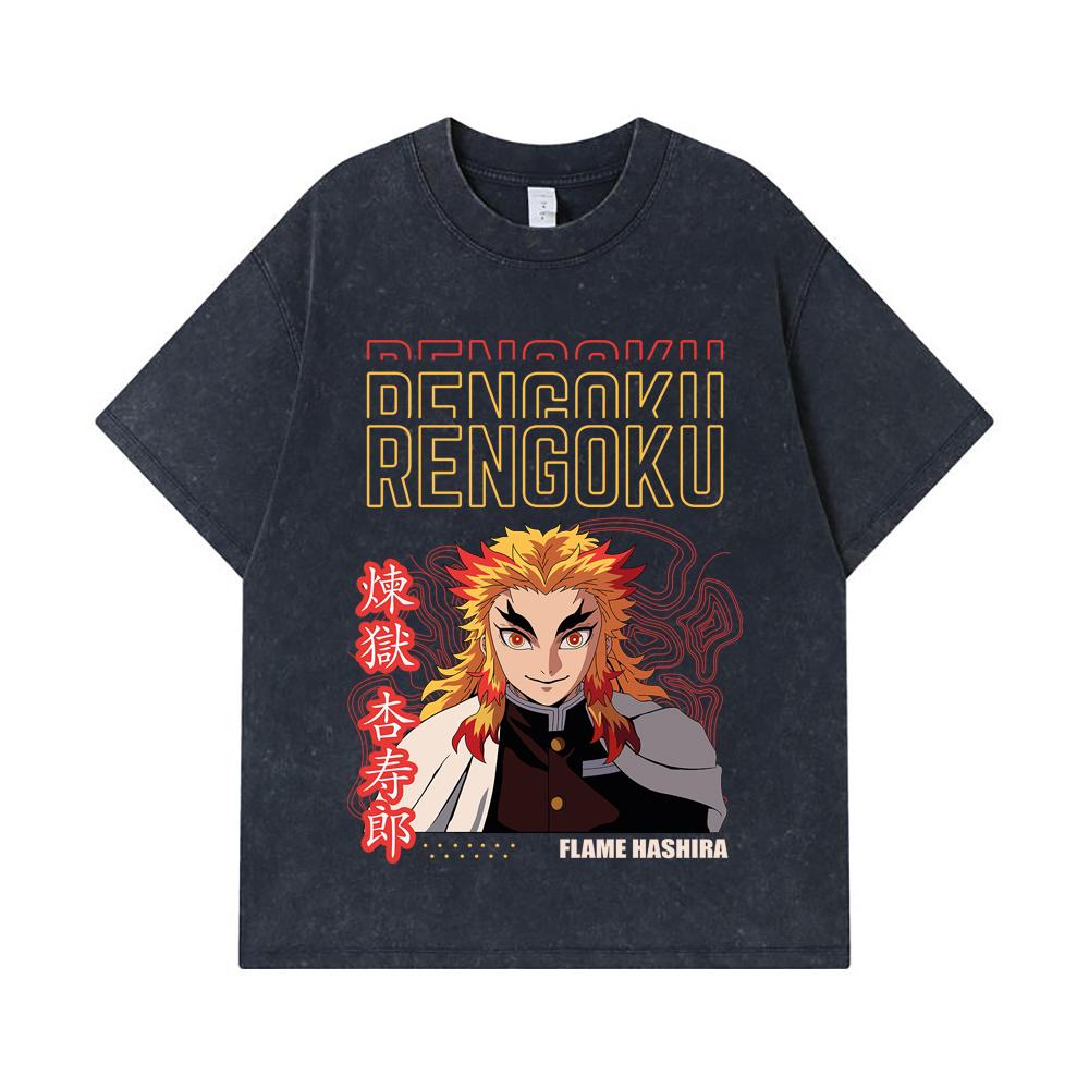 275 GSM Washed T-shirts 100% Cotton Demon Slayer V117 Rengoku Print Unisex Heavy Cotton T Shirt