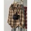 Осень и Зима Женская Простая Повседневная Клетчатая Рубашка Топ с Лацканами и Длинными Рукавами Свободного Кроя
