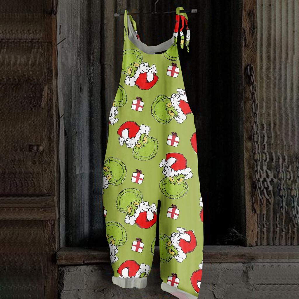 Женский повседневный свободный комбинезон с рождественским принтом, комбинезон с широкими штанинами, без рукавов, с карманами