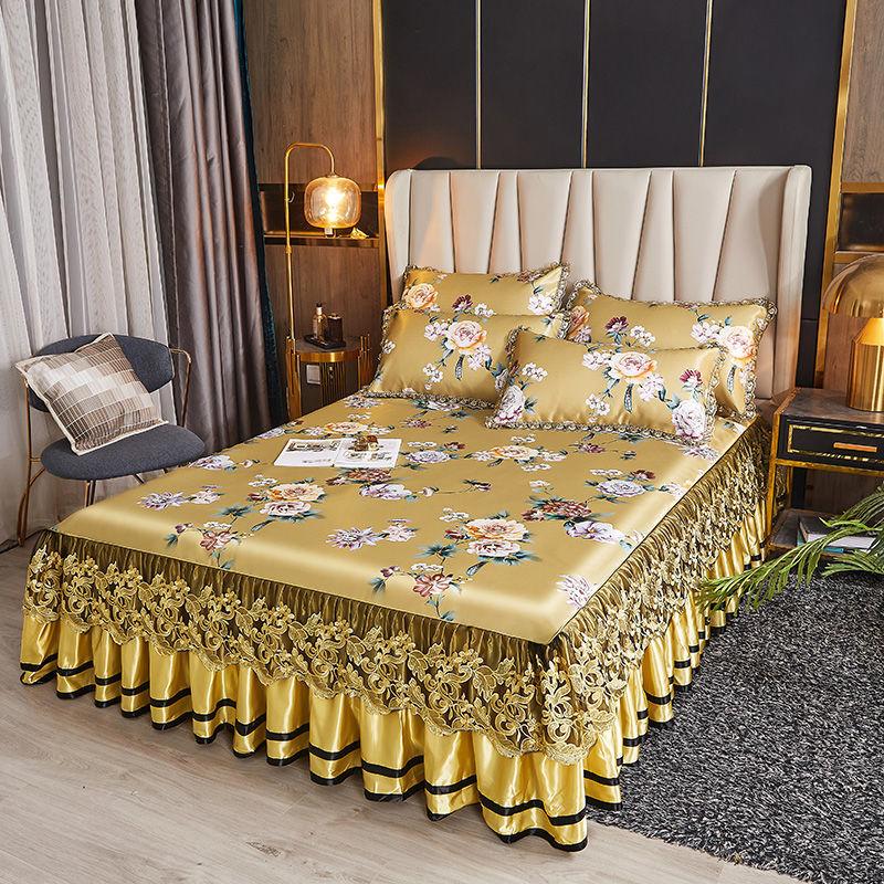 Роскошное моющееся ледяное мягкое постельное белье, кружевная юбка для кровати, живописные покрывала с вышивкой, королевский размер, складной крутой коврик