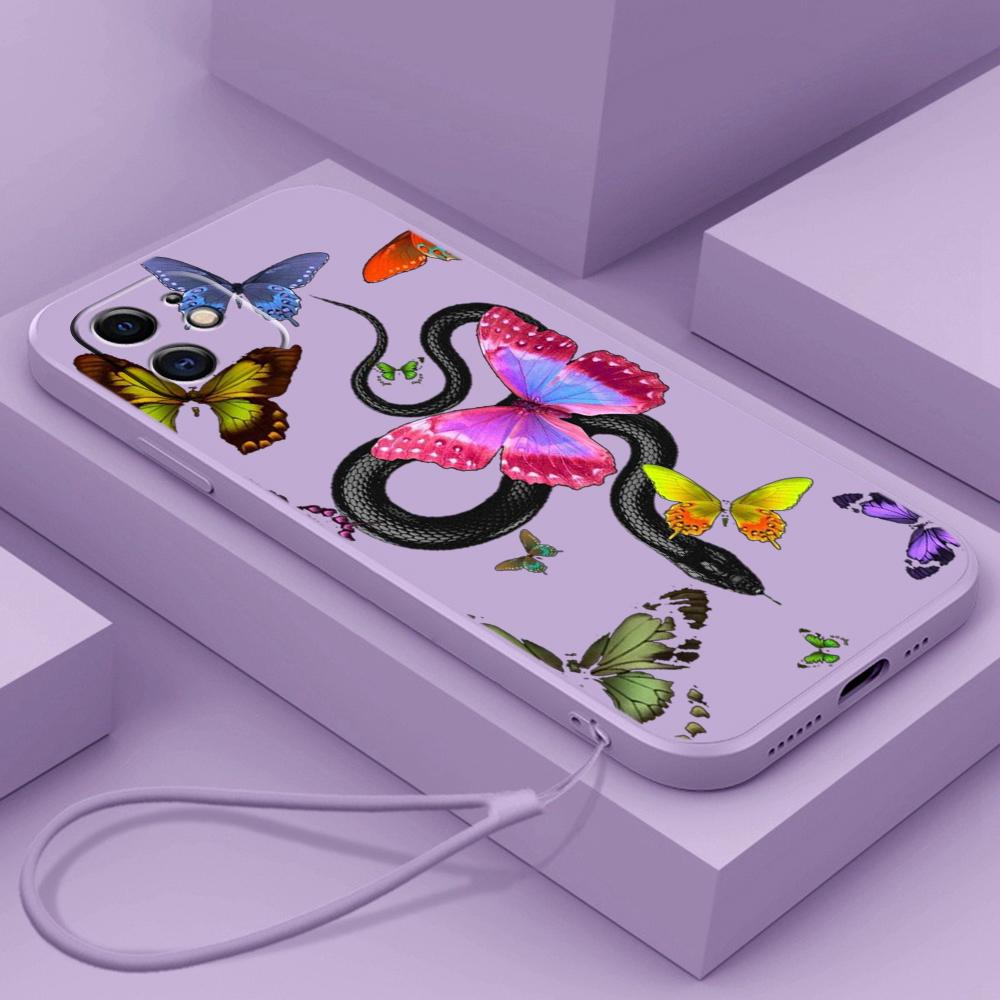 N77 Бабочка Черное Золото Змея с ремешком Силиконовые чехлы для телефонов с прямыми краями для Xiaomi Poco X5 Redmi Note 13 Pro 12C Realme Huawei Противоударный чехол