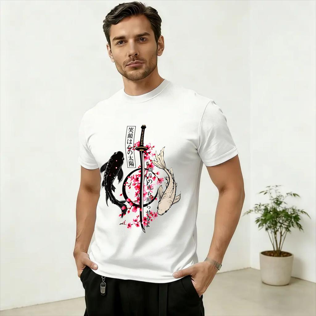 Unisexs Japanese Cherry Blossom Print T Shirt Pure Cotton Tops Funny Short Sleeve Crewneck Tee Shirt Plus Size TShirts