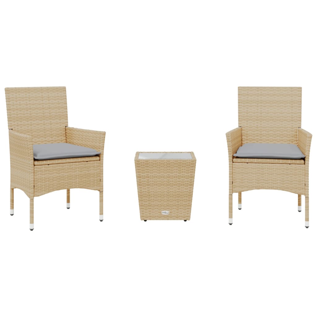 3 Piece Bistro Set with Cushions Beige Poly Rattan and Glass