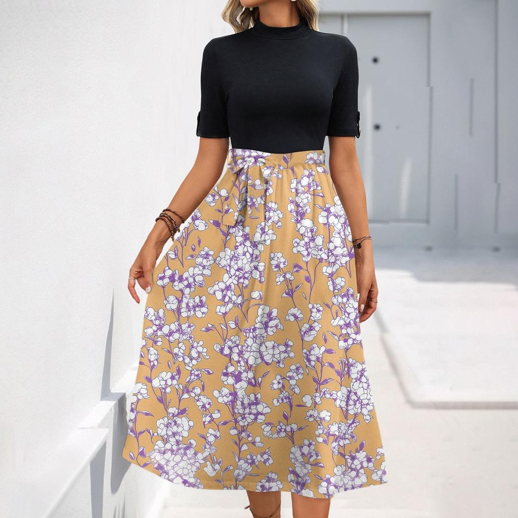 Women's Fashion Casual Belt Short Sleeve Round Neck Floral Elegant Temperament Dress