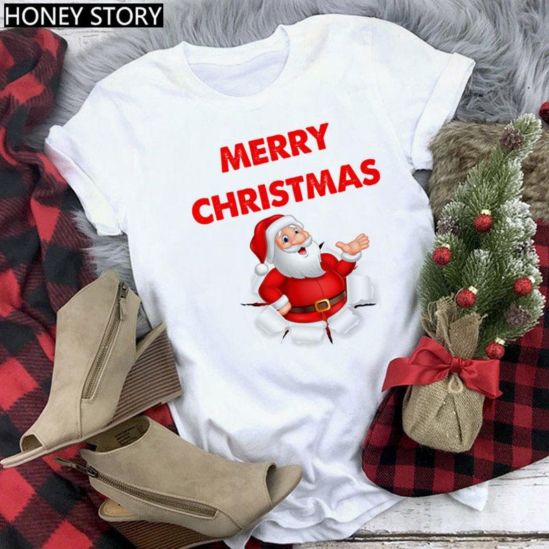 Kawaii Cartoon Merry Christmas Tree Graphics Women T-Shirts 90S Summer Short Sleeves Loose Round Neck Female Y2K Tops