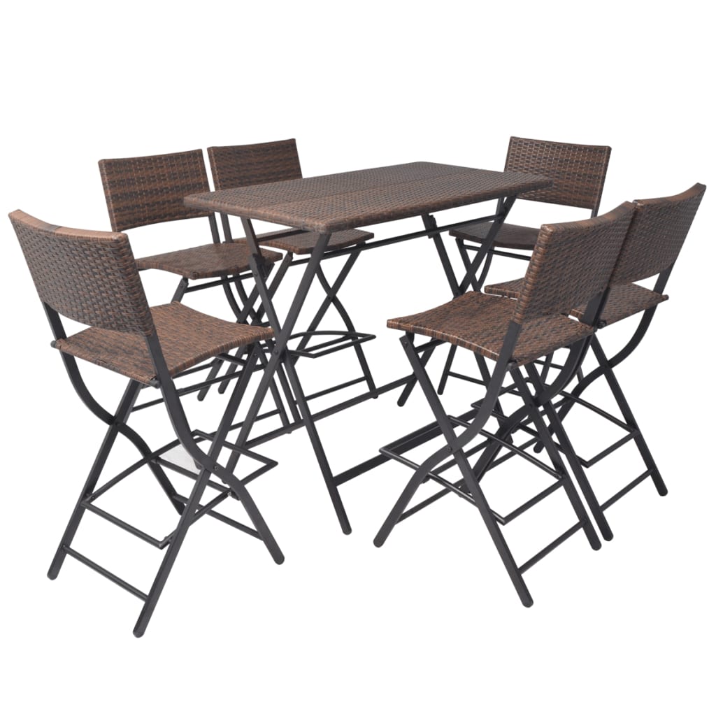 7 Piece Foldable Outdoor Dining Set Steel Frame with Brown Poly Rattan Finish