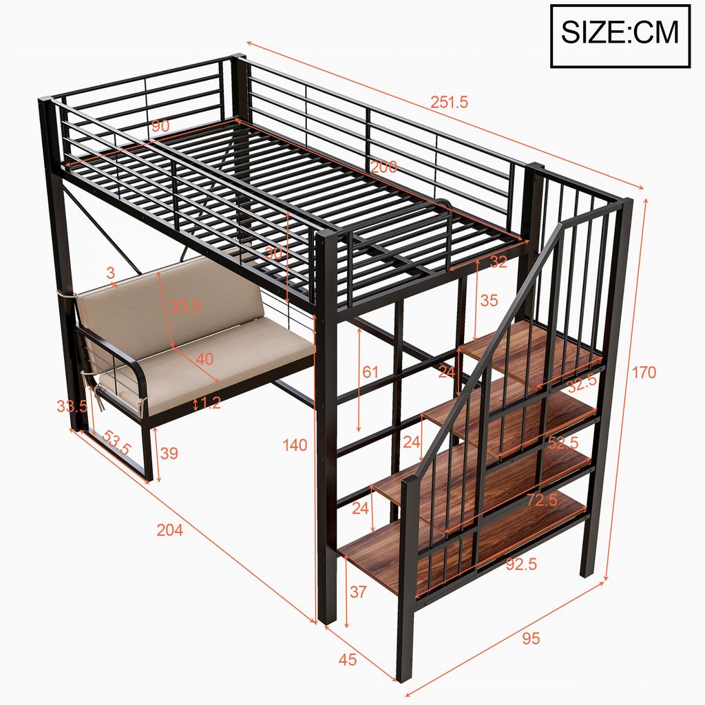 Bunk bed (90 x 200) with sturdy metal frame, removable upholstered sofa, storage space and safety staircase. Suitable for children and adults. Black.