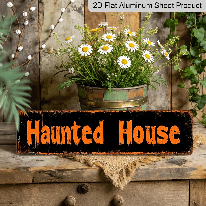 2D Flat 1pc of Vintage Gothic Haunted House Metal Sign - Large 15.7×3.94inch Horror Themed Distressed Font and Bold White Letters - Heavy-alumium