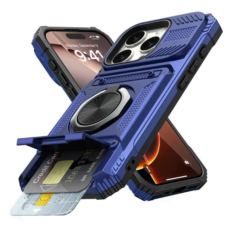 Heavy Duty Drop Shockproof Rotated Ring Kickstand Phone Cases For iPhone 17 16 14 13 15 Pro Max Plus Air Magnetic Wallet Cover