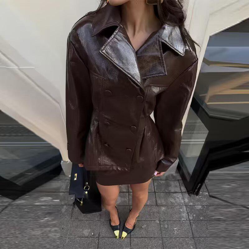 Women's Street Style Leather Suit: Double-breasted Waist-cinching Jacket & A-line Skirt Set
