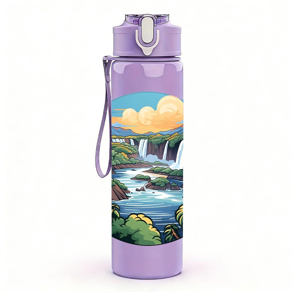 1PC Waterfall Mountain River Landscape Print 750ml Color Plastic Sports Water Bottle Leakproof Flip Straw Lid Suitable for Sports Office Home Use