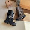 Girls Chunky Buckle Martin Boots Winter Warm Mid-Calf Lace-Up Leatherette Riding Kids