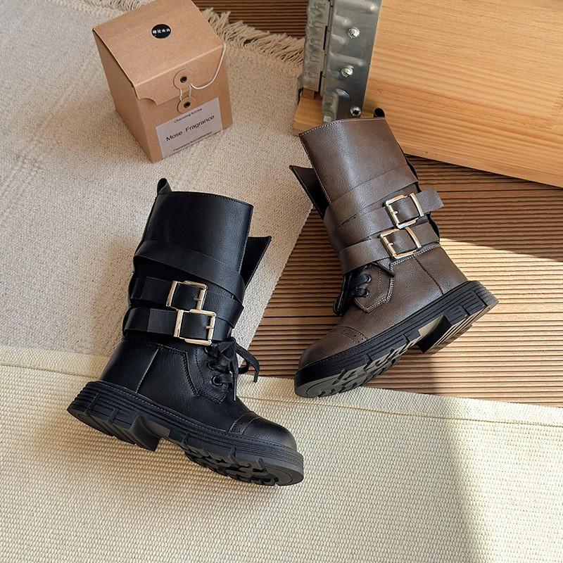 Girls Chunky Buckle Martin Boots Winter Warm Mid-Calf Lace-Up Leatherette Riding Kids