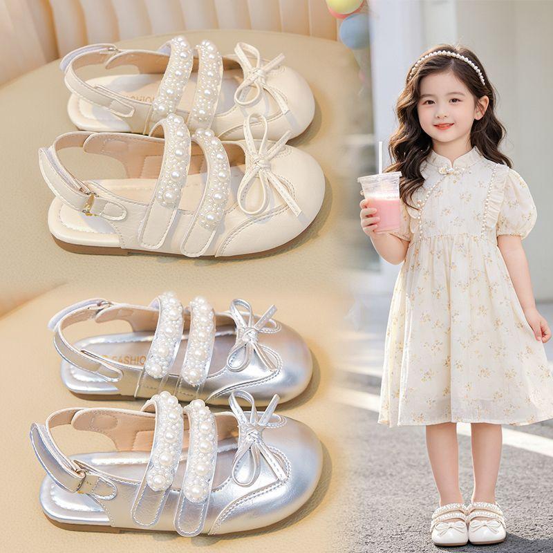 Girls Pearl Bow Mary Jane Sandals Soft Sole Back Strap Princess Shoes Kids Shiny Closed Toe Sandals Little Girl Rhinestone Shoes