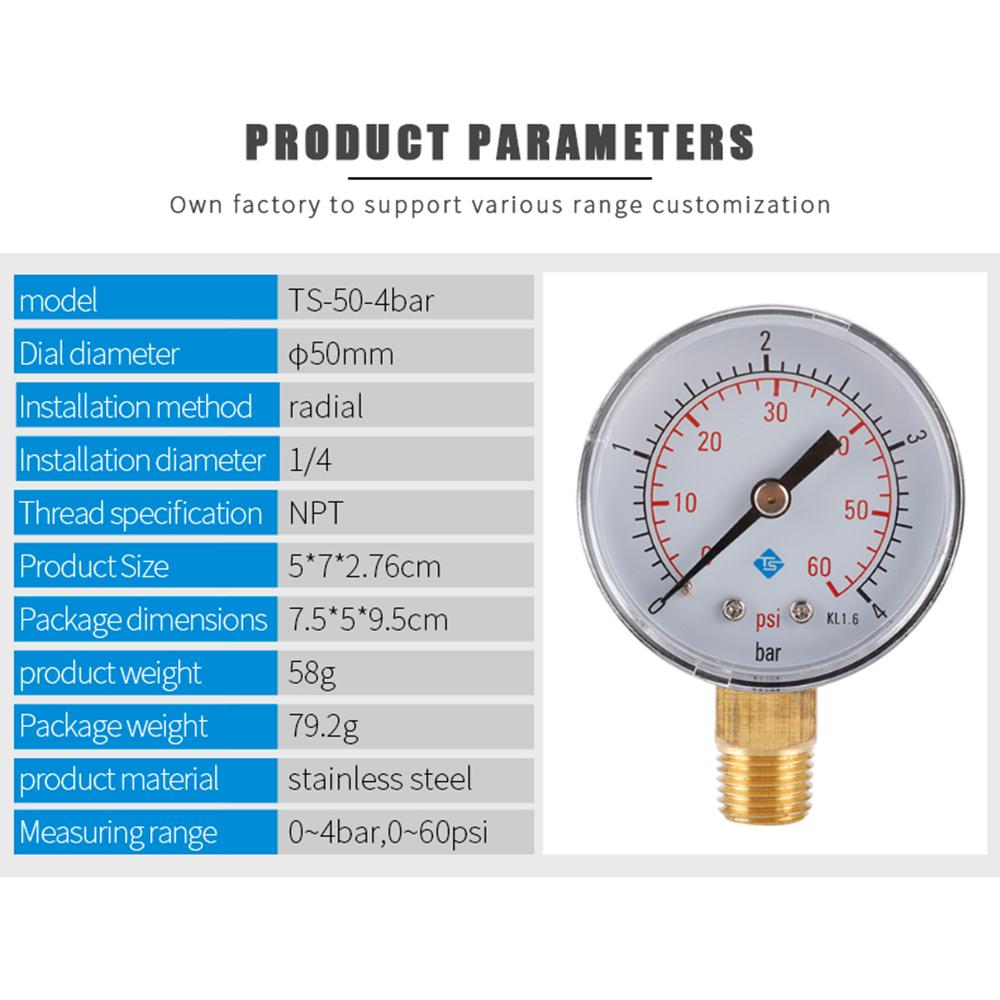 TS-50-4bar 50mm Manometer 0-60psi/0-4bar Dual Scale Water Pressure Dial 1/4 NPT Hydraulic Pressure Gauge