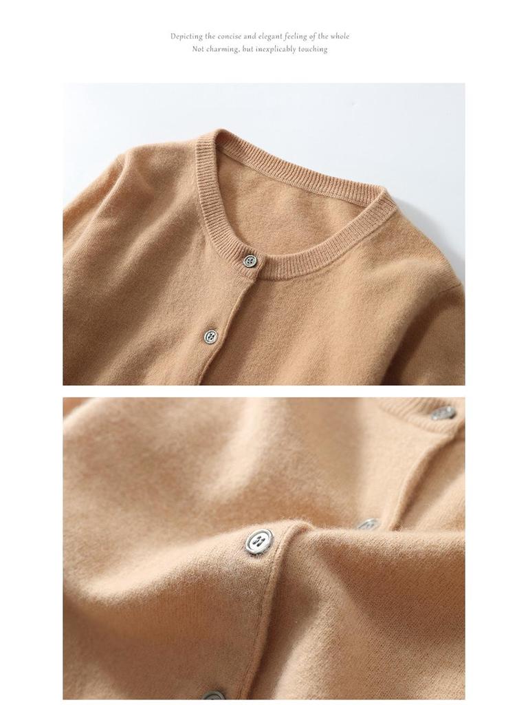 2023 Autumn/Winter Women's Korean-Style Camel Cardigan, Round Neck, Single-Breasted Knit Sweater.