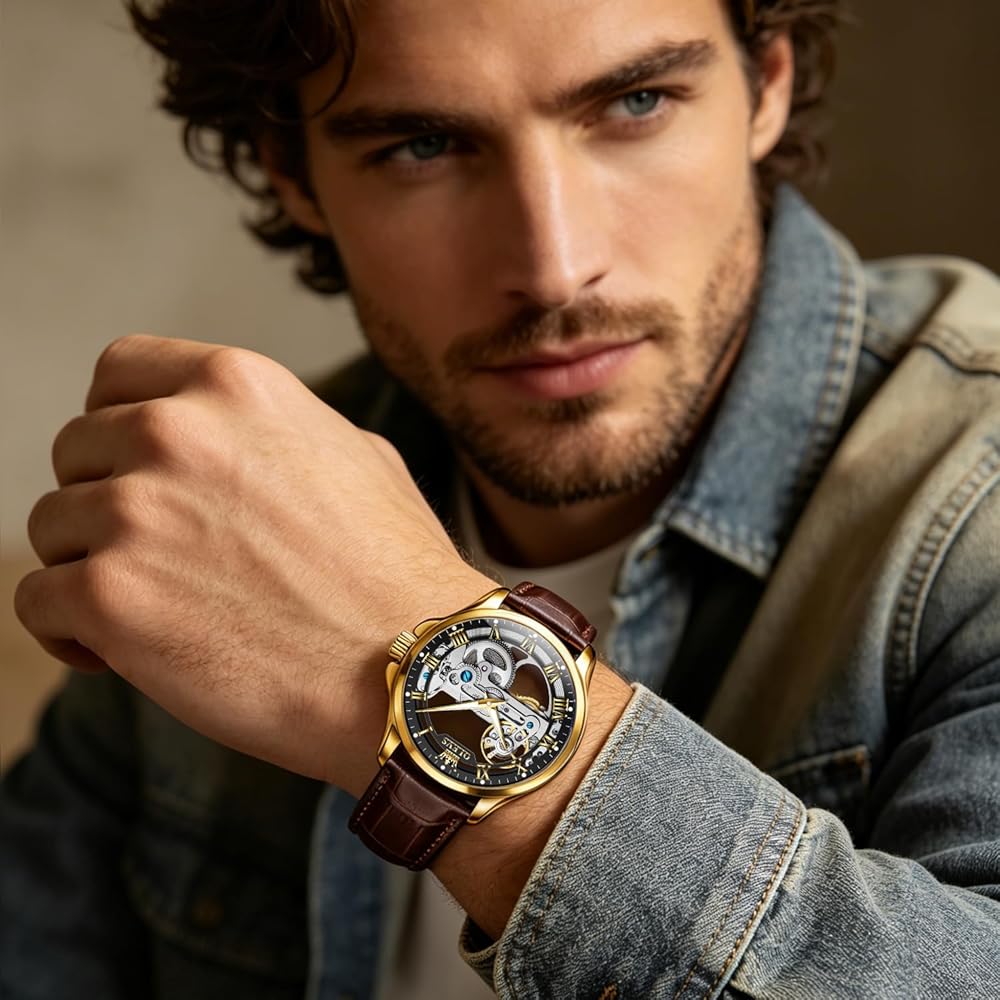 Мужские механические автоматические скелетонные часы OLEVS с коричнево-черным кожаным ремешком, водонепроницаемые, модные часы