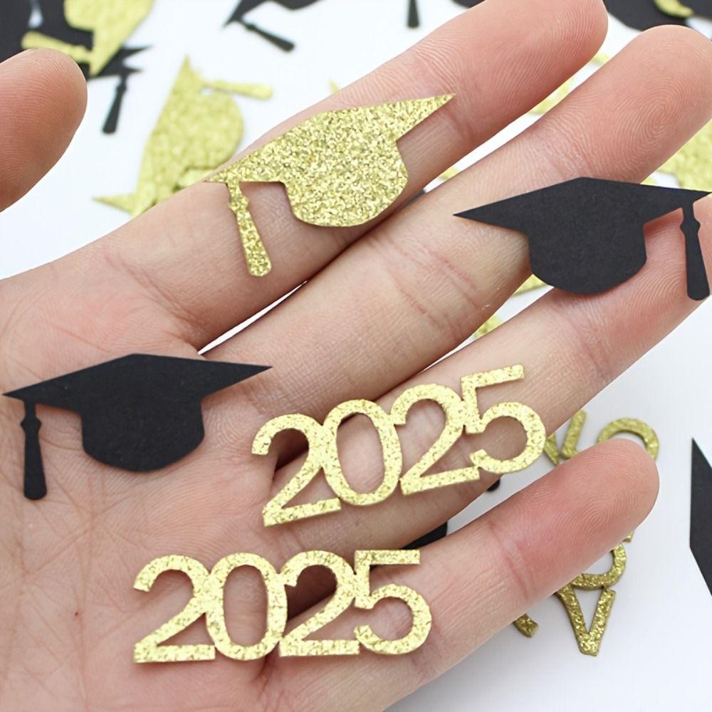 100PCS Cardstock 2025 Graduation Cap Confetti Black & Golden Paper Scatter Decor  Grad Parties