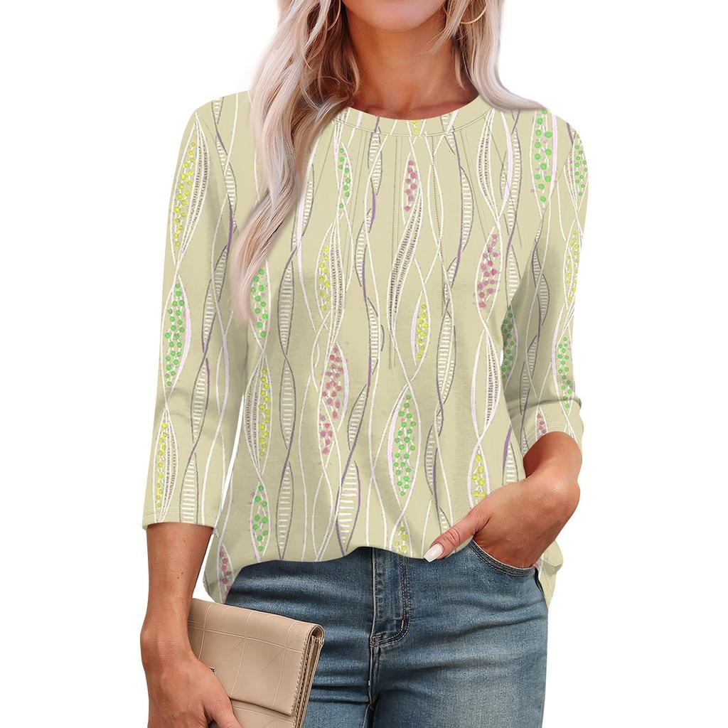 Женская модная повседневная футболка с круглым вырезом и рукавом семь четвертей в стиле ретро с принтом, плиссированная футболка