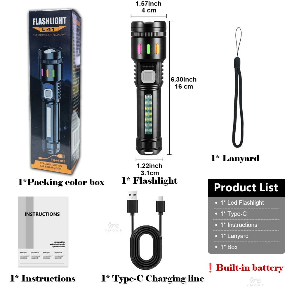 Белый лазерный мощный фонарик USB C перезаряжаемый фонарик 18650 EDC фонарь лампа с боковыми огнями рабочий свет кемпинговый фонарь