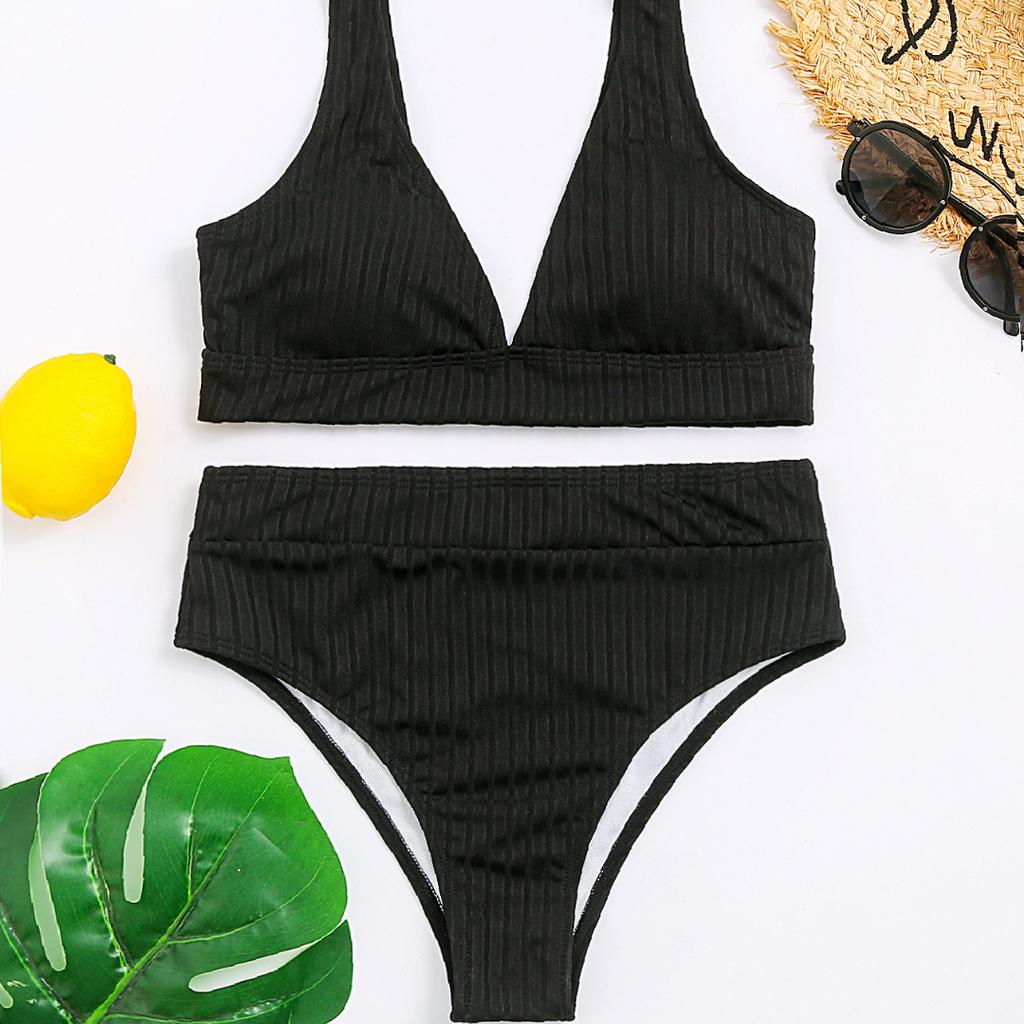 Women's Sexy V-neck Pit Striped Bikini High Waist Split Swimsuit 10 Colors