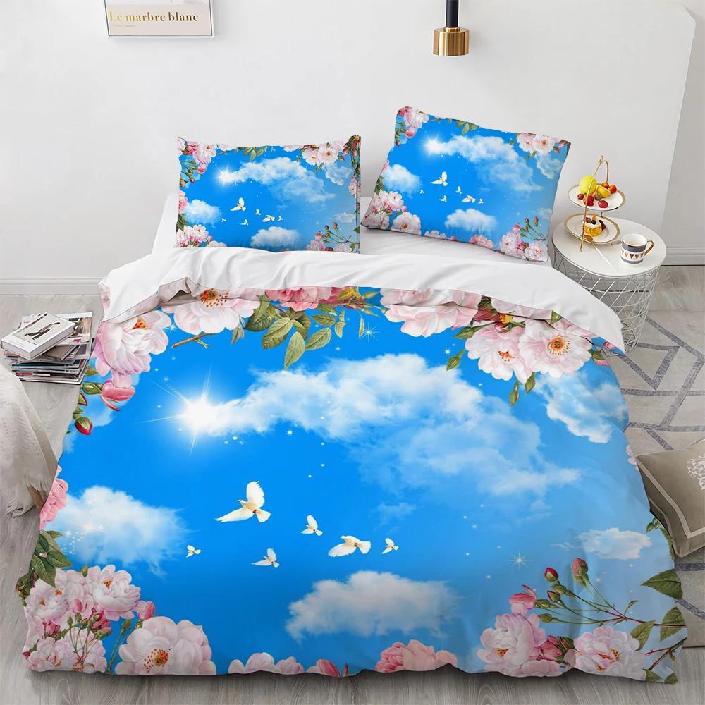 Комплект пододеяльника размера Queen Cloud Sky Синее небо, Белые облака, Радужный пододеяльник Мягкий пододеяльник из микрофибры Комплекты постельного белья