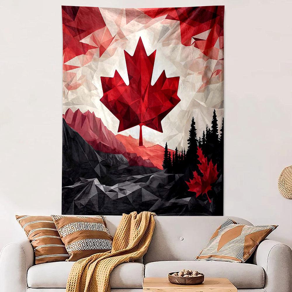 Geometric Red Maple Leaf Landscape Patterned Tapestry Decorative Wall Hanging, Home Bedroom Living Room Decor