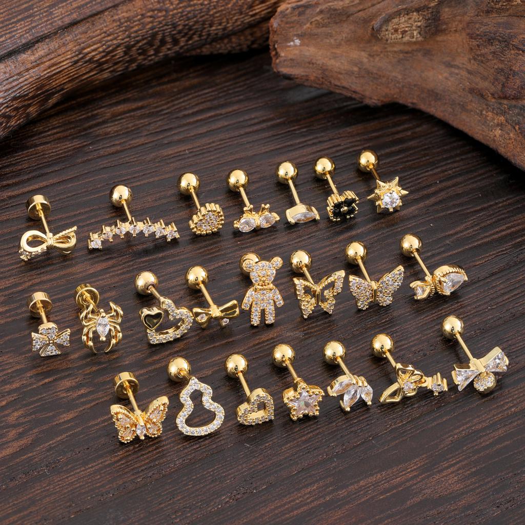 10 шт./набор 20G Золотая серьга-пирсинг хряща уха с CZ, серьга-пирсинг трагуса, дизайн медведя и паука, кольца-гвоздики для хеликса, пирсинг конч уха, ювелирные изделия из стали 316L