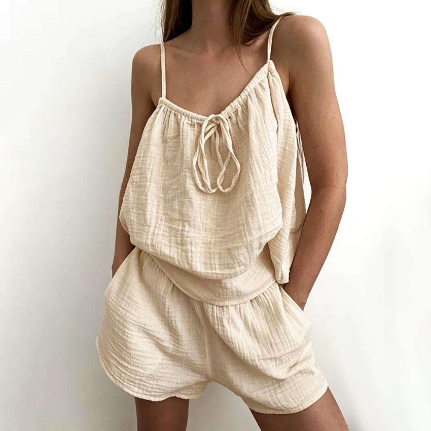 Autumn and winter new fashion pure cotton comfortable soft suspender shorts pajamas two-piece loungewear