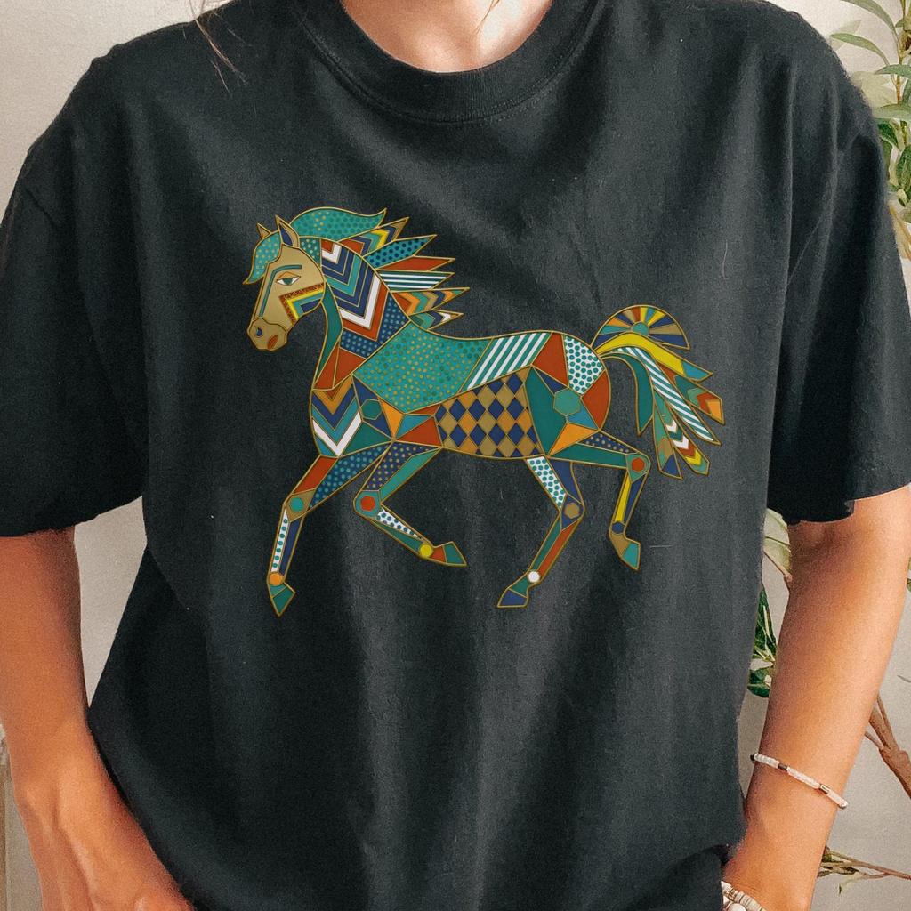Geometric Patchwork Horse T-shirt | Colorful Running Horse Tee