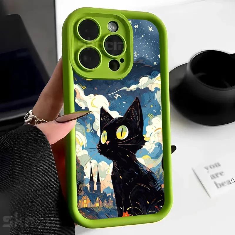 Красивый Черный Кот со Звездами Силиконовый Чехол для IPhone 15 14 13 12 11 Pro Max 7 8 Plus X XR XS Max Ударопрочный Мягкий Чехол