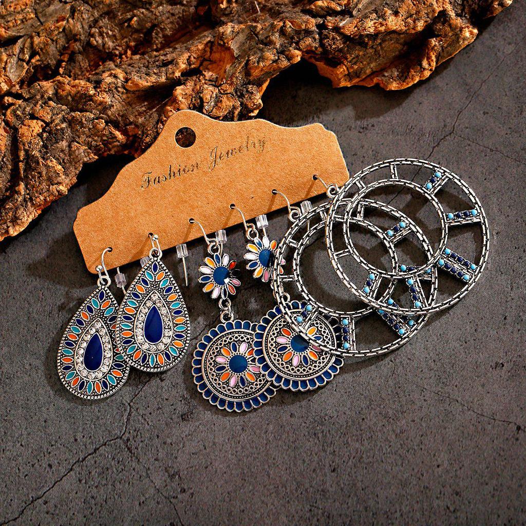 Bohemian Ethnic Retro Earring Set: 3-Piece Hanfu & Nepal Style for Women