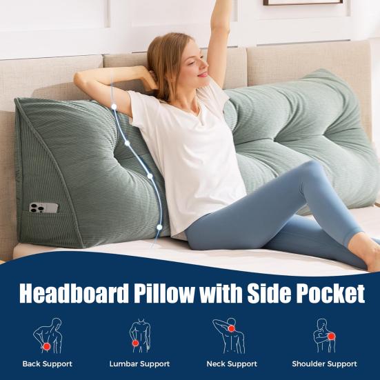 Подушка-клин для изголовья из вельвета, треугольная подушка для изголовья с боковым карманом, эргономичная поддержка спины, подушка для тахты для чтения, сидения, работы