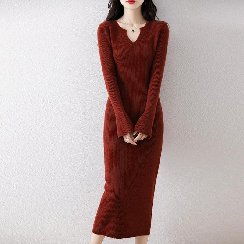 Женское платье-свитер 100% шерсть MODERN NEW SAGA V-образный вырез трикотажный длинный пуловер зимние джемперы шерстяное длинное платье женское