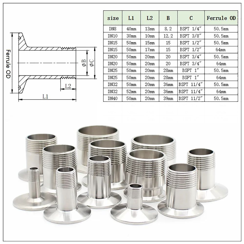 1Pcs 1/4" 3/8" 1/2" 3/4" 1" Pipe Fitting Connector SUS304 Sanitary TriClamp Adapter New Tri Clamp
