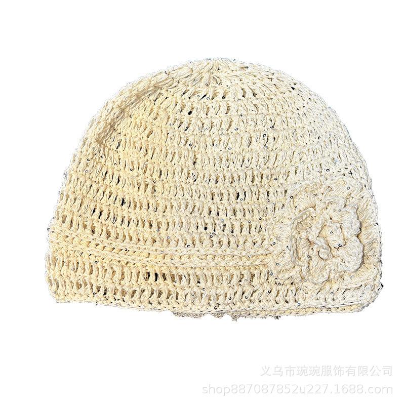 Spring Flower Baotou Hat Spice Girl Hollow Breathable Cool Handmade Knitted Sleeve Cold Hat Sequined Wool Hat
