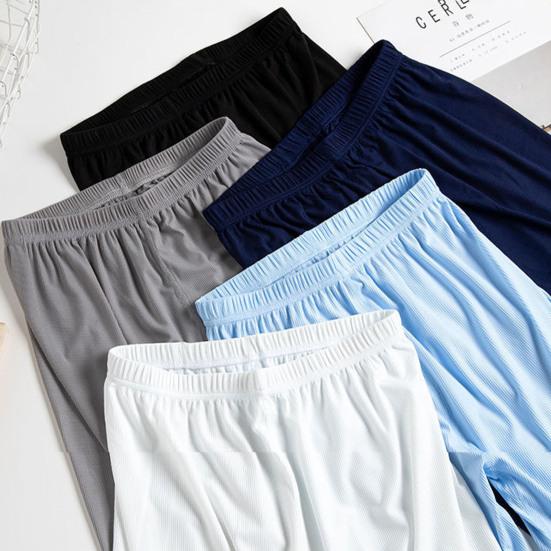 Mid-rise Elastic Waistband Pajama Shorts Ribbed Colorfast Breathable Wide Leg Men Ice Silk Pajama Pants Homewear